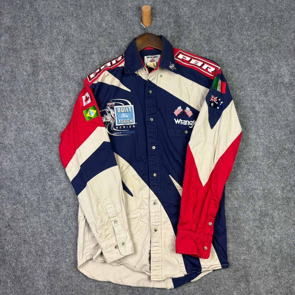 Wrangler Button Down Mens M Blue PBR Ford Tough Western Rodeo Shirt Vintage 0603